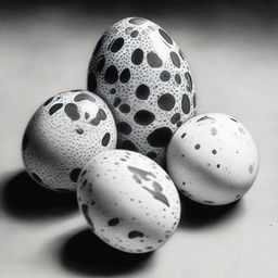 A sophisticated, high-quality black and white pencil drawing featuring quail eggs