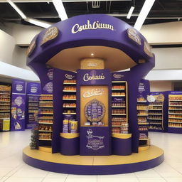 An elegantly adorned Cadbury chocolate stand at a supermarket with Ramadan-inspired motifs. This curvy, Islamic-shaped stand showcases shelves of delectable treats bathed in warm light and adorned with Ramadan lanterns, setting up a festive atmosphere.