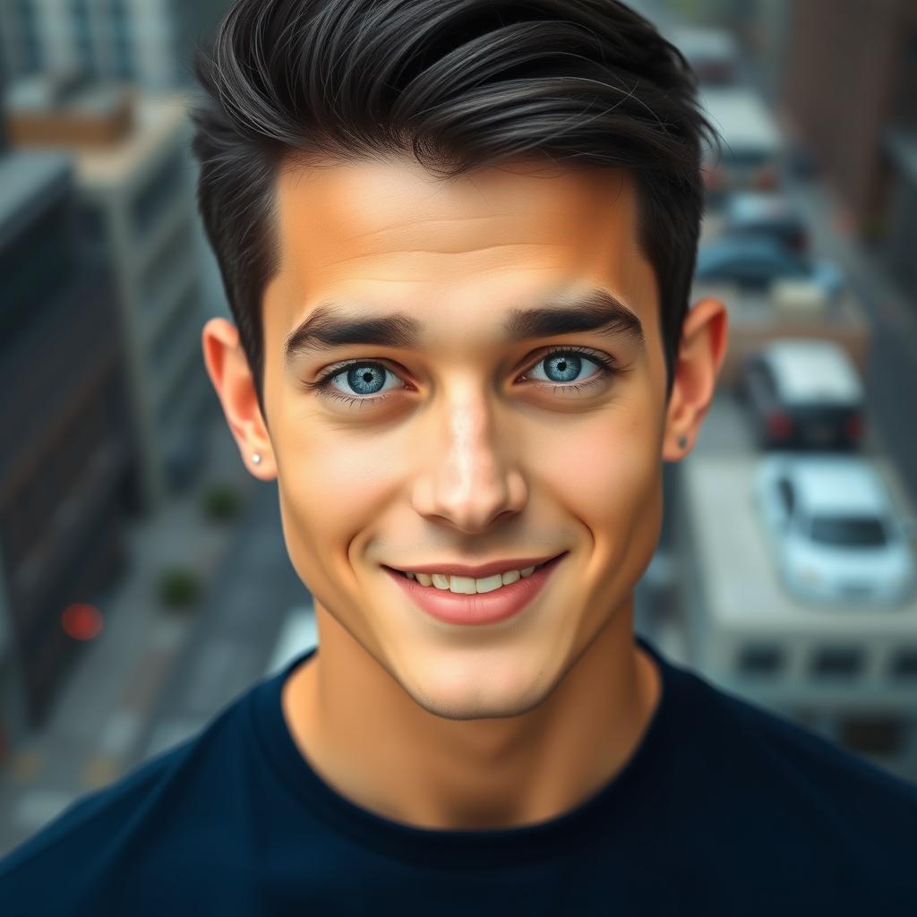A detailed portrait of a person viewed from the front, showcasing their facial features, expression, and hairstyle