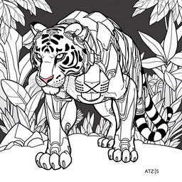 A black and white coloring page design featuring an advanced and futuristic robotic Tiger AI