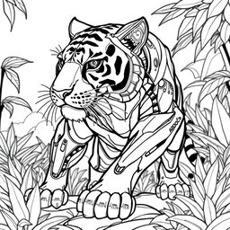 A black and white coloring page design featuring an advanced and futuristic robotic Tiger AI