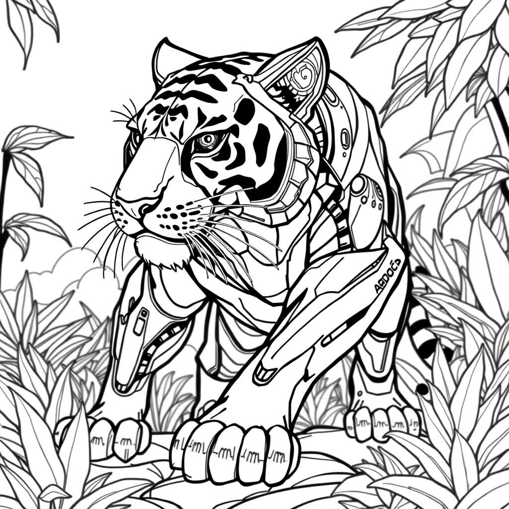 A black and white coloring page design featuring an advanced and futuristic robotic Tiger AI