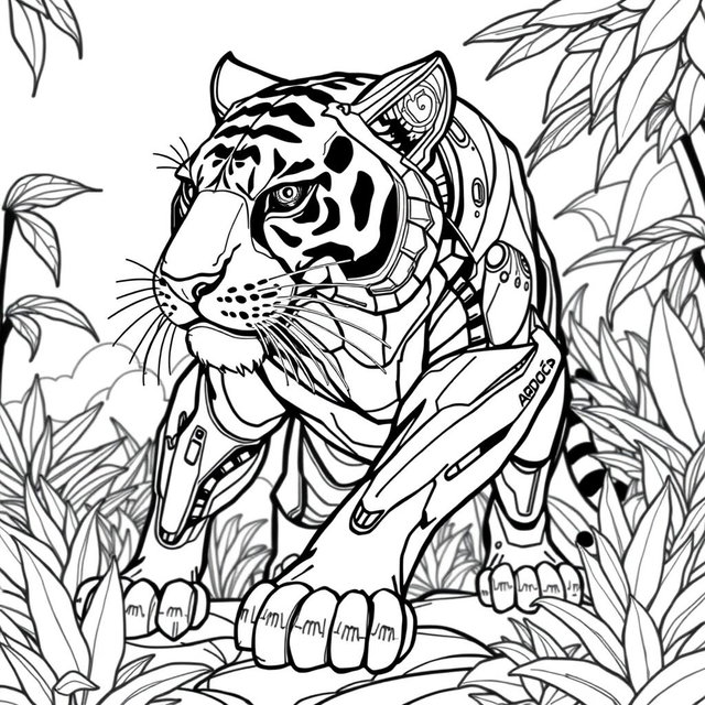 A black and white coloring page design featuring an advanced and futuristic robotic Tiger AI