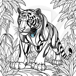 A black and white coloring page design featuring an advanced and futuristic robotic Tiger AI