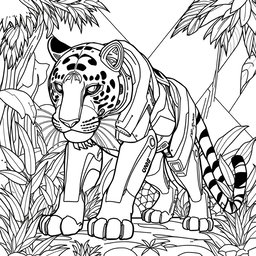 A black and white coloring page design featuring an advanced and futuristic robotic Tiger AI