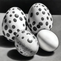 A sophisticated, high-quality black and white pencil drawing featuring quail eggs