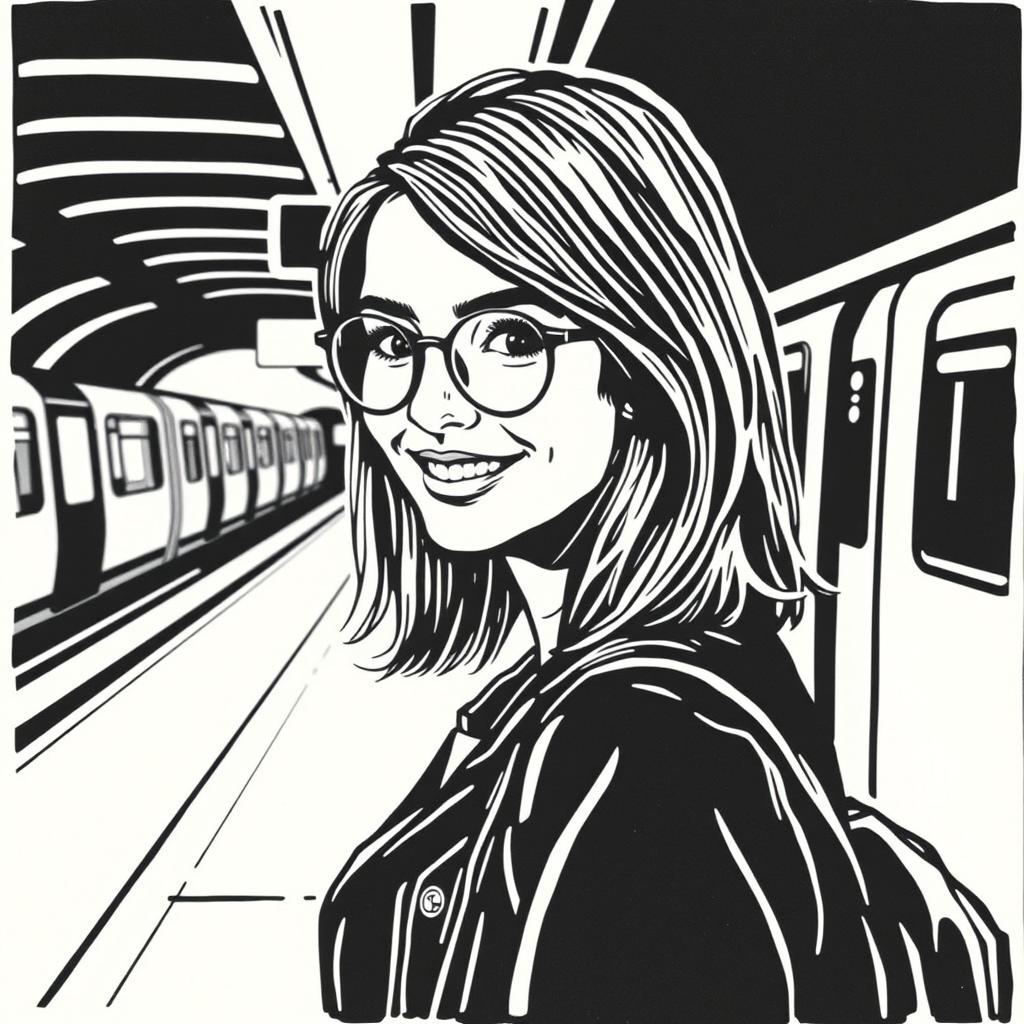 A linocut print of a beautiful young European woman with shoulder-length hair and a cheerful smile