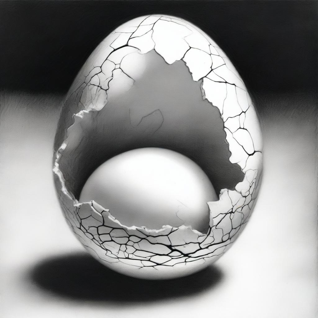 An intricate, high-quality black and white pencil drawing of a cracked egg