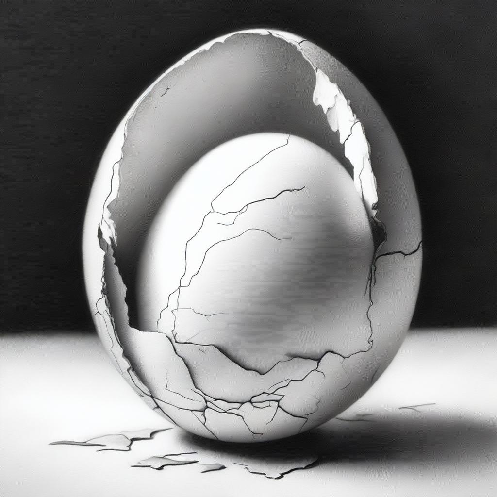 An intricate, high-quality black and white pencil drawing of a cracked egg