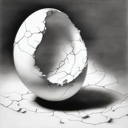 An intricate, high-quality black and white pencil drawing of a cracked egg