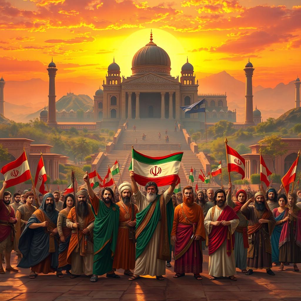 A grand scene depicting Iran with an ancient feel, representing the concept of conquering the world