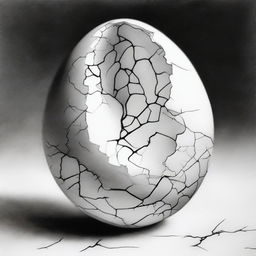 An intricate, high-quality black and white pencil drawing of a cracked egg