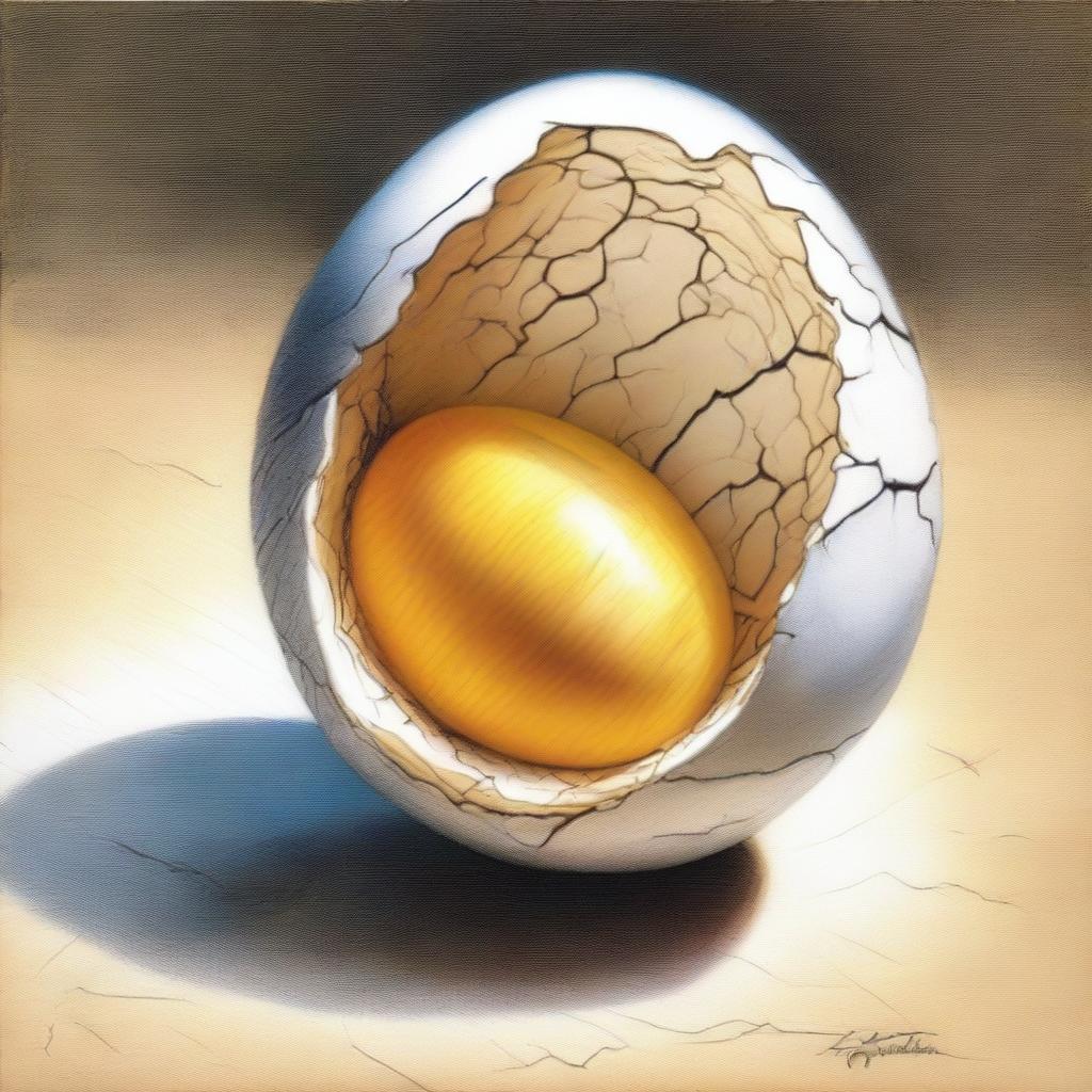 A high-quality coloured pencil drawing of a cracked egg