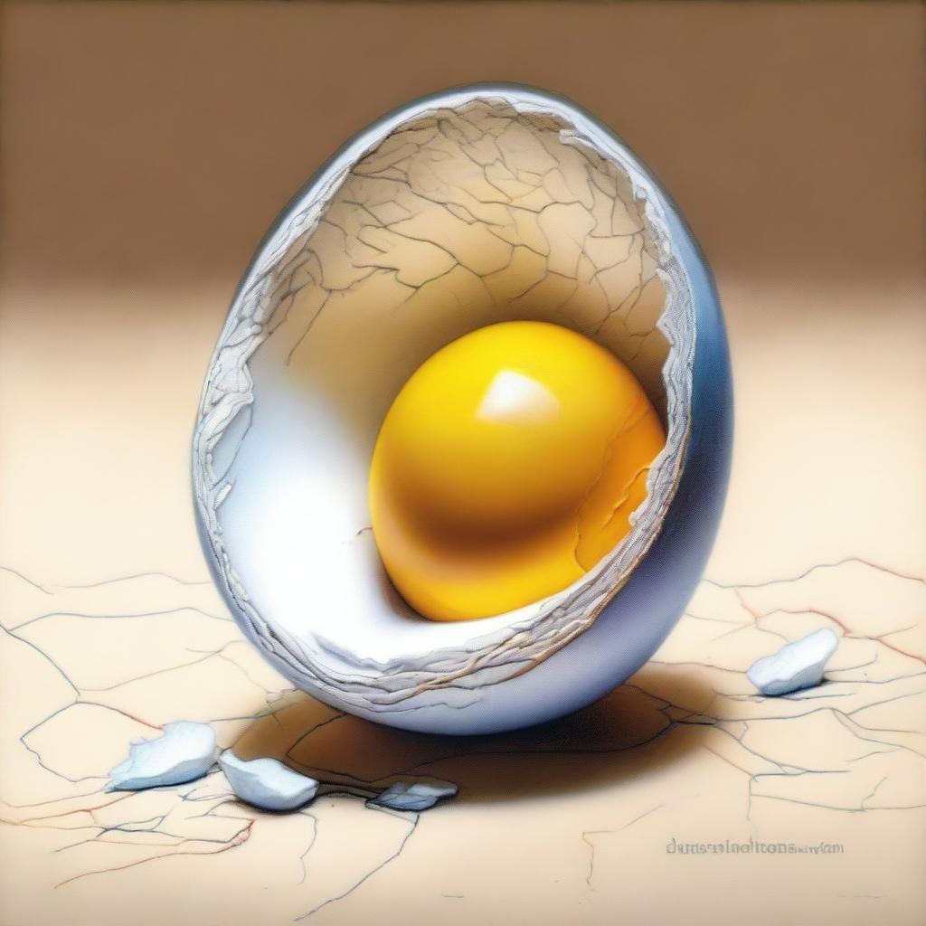 A high-quality coloured pencil drawing of a cracked egg