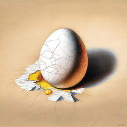 A high-quality coloured pencil drawing of a cracked egg