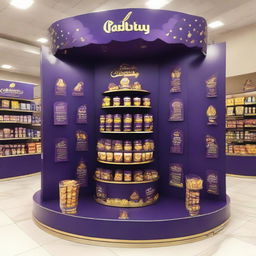 An elegantly adorned Cadbury chocolate stand at a supermarket with Ramadan-inspired motifs. This curvy, Islamic-shaped stand showcases shelves of delectable treats bathed in warm light and adorned with Ramadan lanterns, setting up a festive atmosphere.