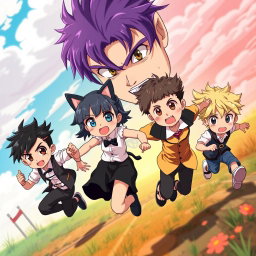 Four stylish seven-year-old anime boys and a beautiful girl are playfully escaping from their very handsome father, who has striking purple hair and brown eyes filled with anger