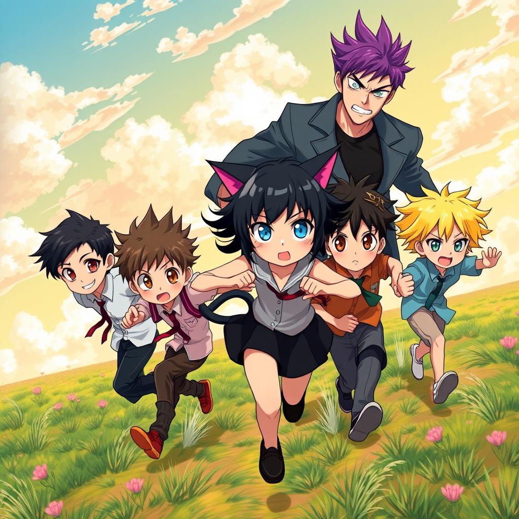 Four stylish seven-year-old anime boys and a beautiful girl are playfully escaping from their very handsome father, who has striking purple hair and brown eyes filled with anger