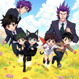 Four stylish seven-year-old anime boys and a beautiful girl are playfully escaping from their very handsome father, who has striking purple hair and brown eyes filled with anger