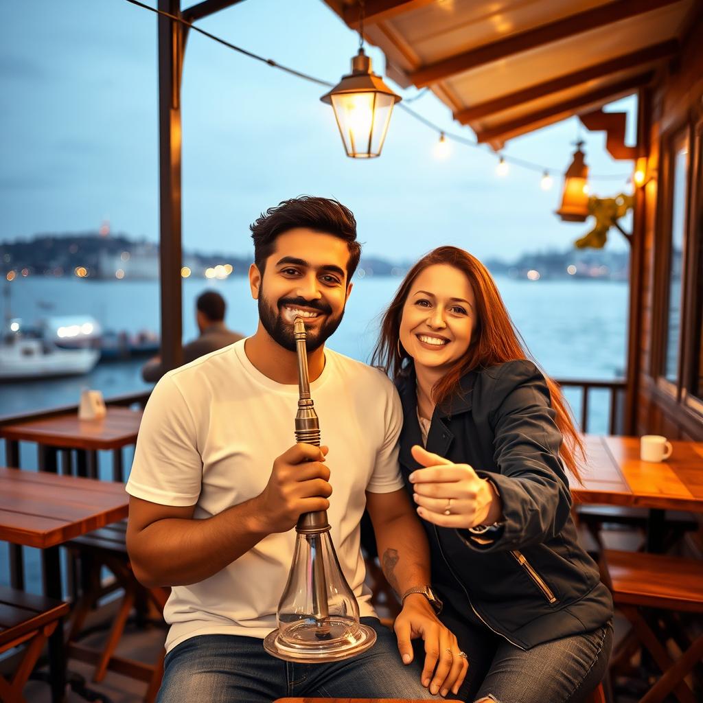 A lovely Iranian couple sitting on the terrace of a small café by the Bosphorus Strait in Istanbul