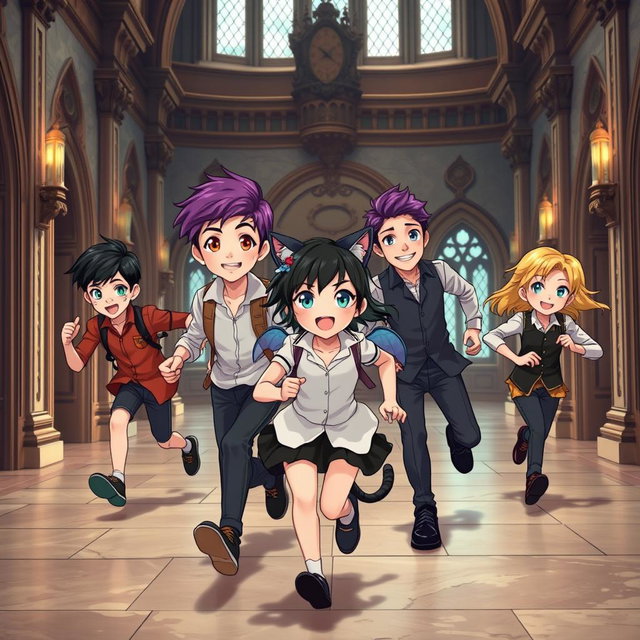 Four stylish seven-year-old boys and a beautiful girl are playfully escaping through the grand halls of a castle, joyfully running from their handsome father, who is young and has striking purple hair and warm brown eyes