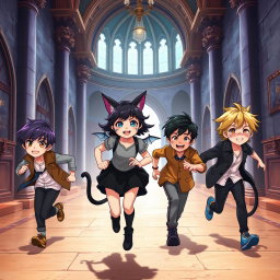 Four stylish seven-year-old boys and a beautiful girl are playfully escaping through the grand halls of a castle, joyfully running from their handsome father, who is young and has striking purple hair and warm brown eyes