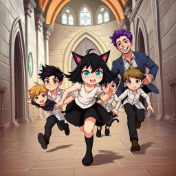 Four stylish seven-year-old boys and a beautiful girl are playfully escaping through the grand halls of a castle, joyfully running from their handsome father, who is young and has striking purple hair and warm brown eyes