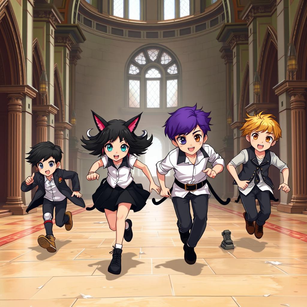 Four stylish seven-year-old boys and a beautiful girl are playfully escaping through the grand halls of a castle, joyfully running from their handsome father, who is young and has striking purple hair and warm brown eyes