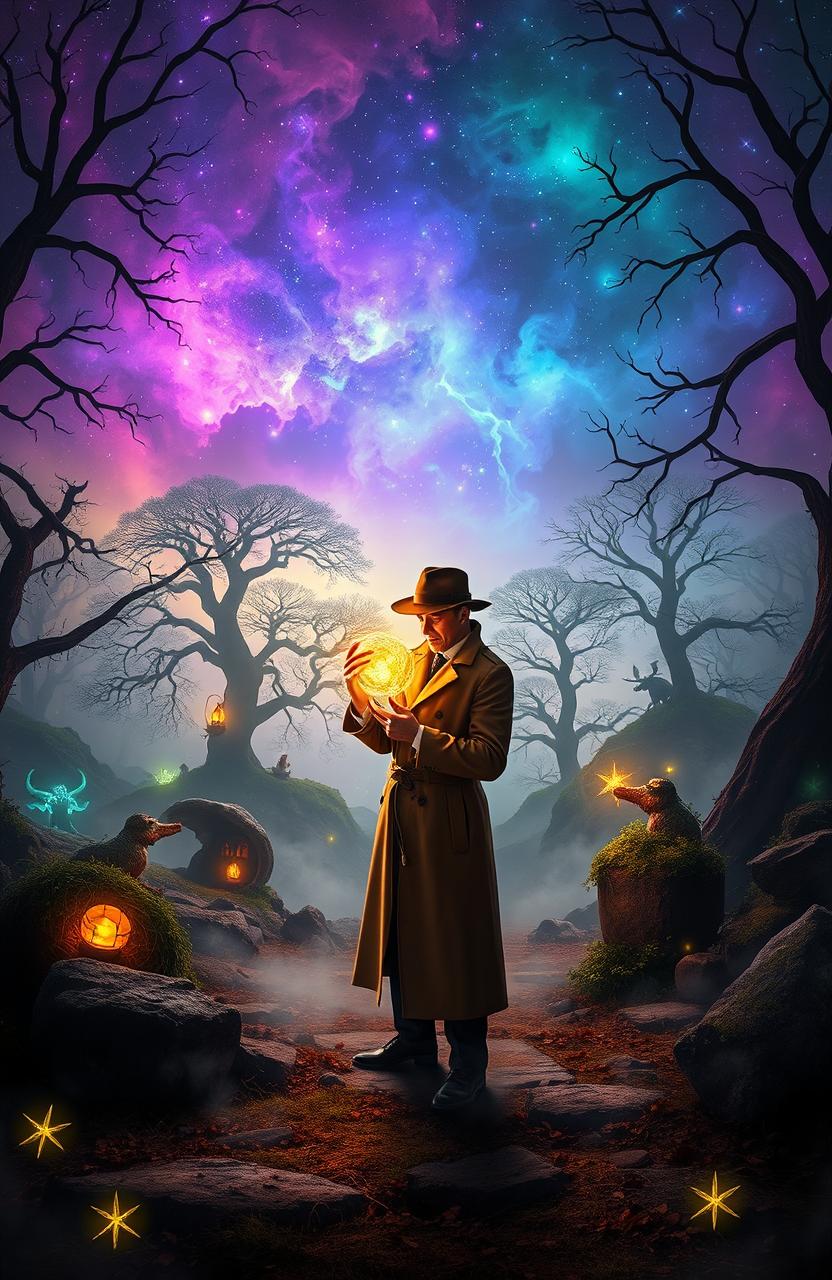 A whimsical and mysterious scene set in a fantasy world where magic exists