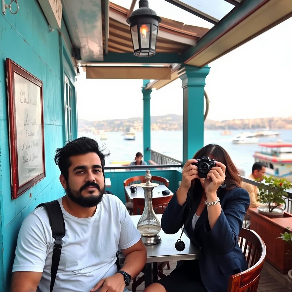 An Iranian couple sitting on the terrace of a small café in an old building with turquoise walls, overlooking the Bosphorus Strait in Istanbul
