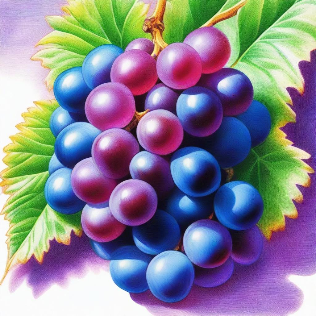 A vibrant, high-quality coloured pencil drawing featuring a bunch of ripe grapes