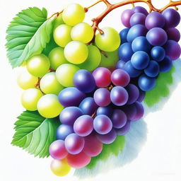 A vibrant, high-quality coloured pencil drawing featuring a bunch of ripe grapes