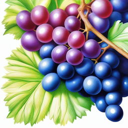 A vibrant, high-quality coloured pencil drawing featuring a bunch of ripe grapes