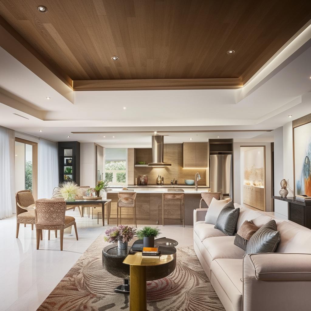 A luxuriously furnished 6-bedroom house interior with modern elements, including stylish living areas, a high-tech kitchen, and tasteful decorations.