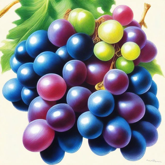 A vibrant, high-quality coloured pencil drawing featuring a bunch of ripe grapes