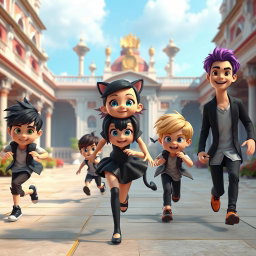 In a vibrant 3D scene set in the courtyard of a grand palace, four stylish seven-year-old boys and a beautiful girl are playfully fleeing from their handsome young father