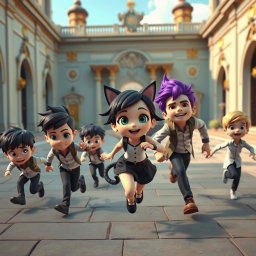 In a vibrant 3D scene set in the courtyard of a grand palace, four stylish seven-year-old boys and a beautiful girl are playfully fleeing from their handsome young father