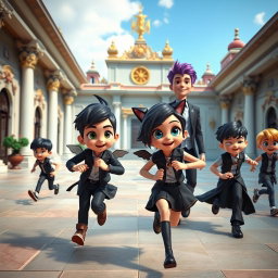 In a vibrant 3D scene set in the courtyard of a grand palace, four stylish seven-year-old boys and a beautiful girl are playfully fleeing from their handsome young father