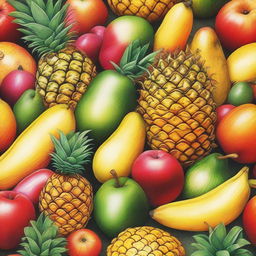 This is a vivid and high-quality coloured pencil drawing of a variety of tropical fruits