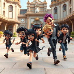 In a vibrant 3D scene set in the courtyard of a grand palace, four stylish seven-year-old boys and a beautiful girl are playfully fleeing from their handsome young father