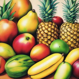 This is a vivid and high-quality coloured pencil drawing of a variety of tropical fruits