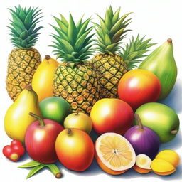 This is a vivid and high-quality coloured pencil drawing of a variety of tropical fruits