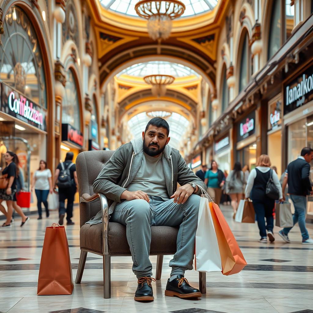 An exhausted Iranian man sitting on a chair in the bustling Venezia Shopping Center in Istanbul