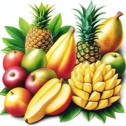 This is a vivid and high-quality coloured pencil drawing of a variety of tropical fruits