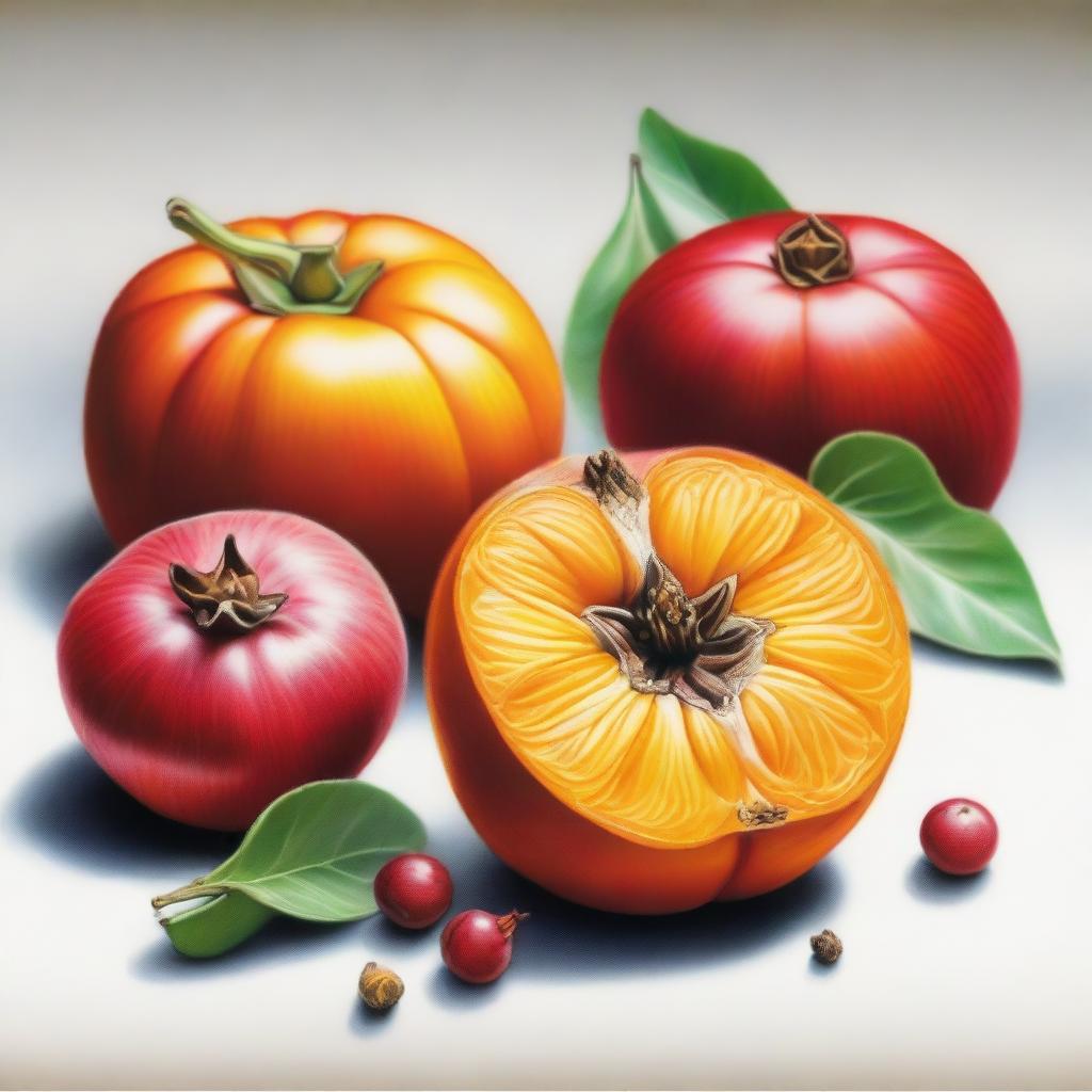 This is a stunning, high-quality coloured pencil drawing that showcases a variety of winter fruits