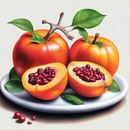 This is a stunning, high-quality coloured pencil drawing that showcases a variety of winter fruits