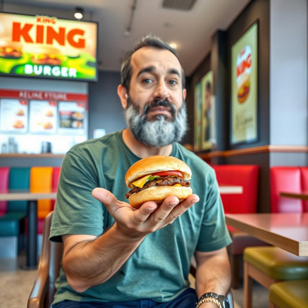 A 35-year-old Iranian man with medium-length, slightly white beard, wearing a green t-shirt, sitting on a chair in a King Burger branch in Istanbul
