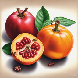 This is a stunning, high-quality coloured pencil drawing that showcases a variety of winter fruits