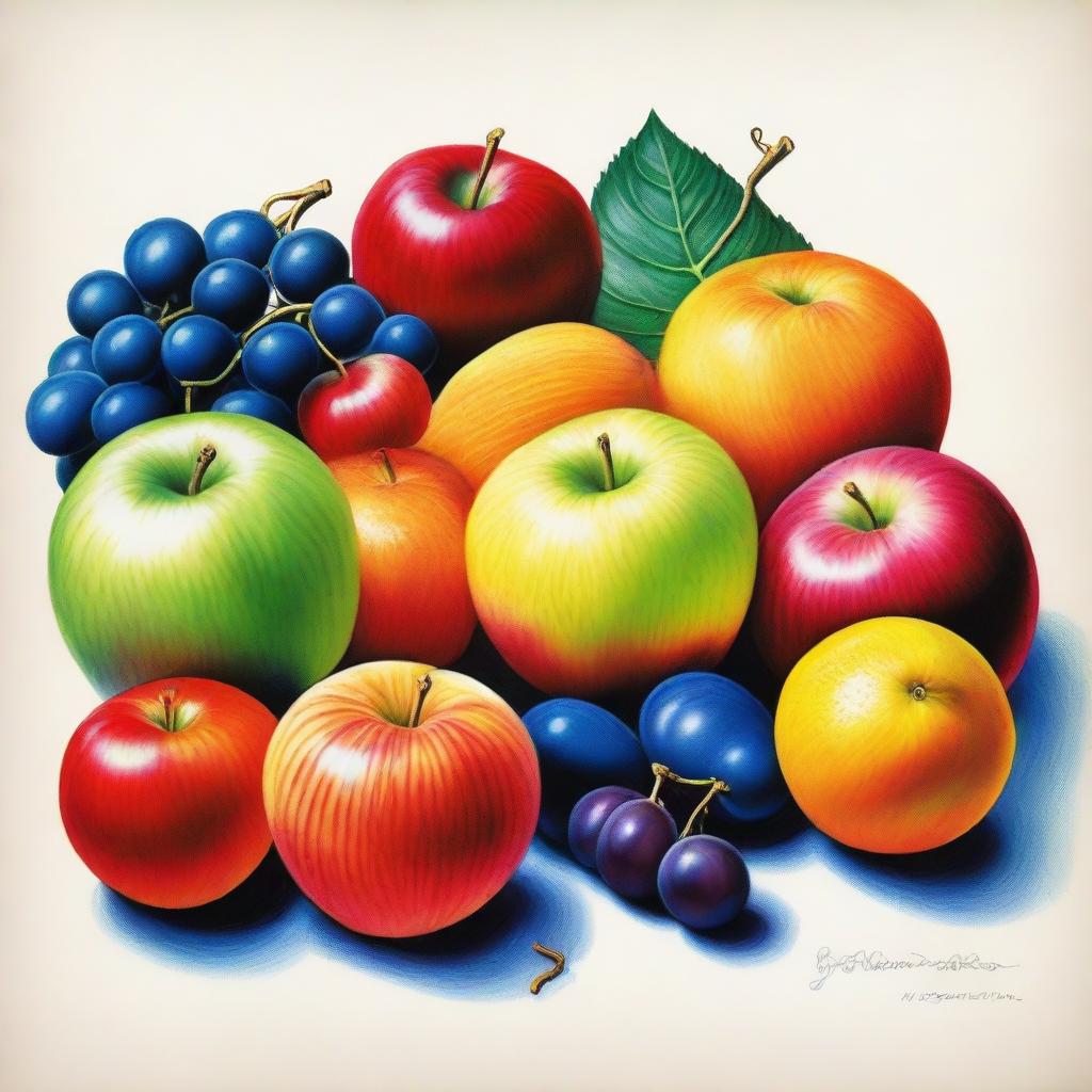 A stunning, high-quality coloured pencil drawing showcasing a variety of fruits