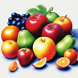 A stunning, high-quality coloured pencil drawing showcasing a variety of fruits